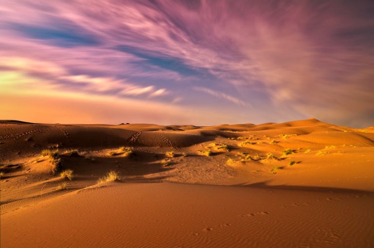 Sunset view over sand dunes near Foum Zguid, Morocco - authentic Sahara desert landscape
