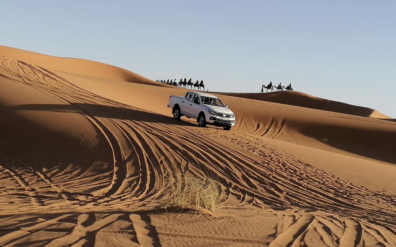 4x4 vehicle tracks on a quiet desert trail near Lake Iriki, Morocco
