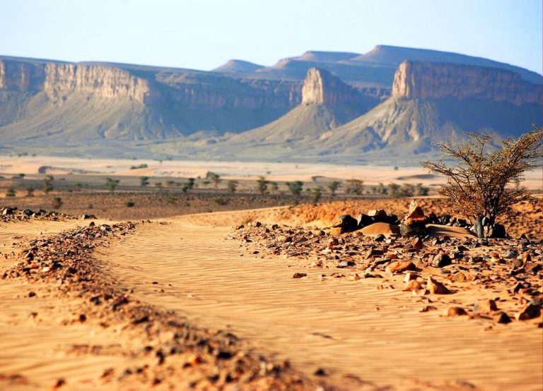 Panoramic view of the dried Lake Iriki salt flat in the Moroccan desert
