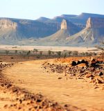 Panoramic view of the dried Lake Iriki salt flat in the Moroccan desert